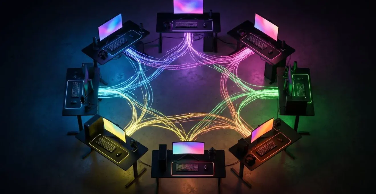 Connexions lumineuses entre plusieurs setups de streaming représentant un réseau de raids