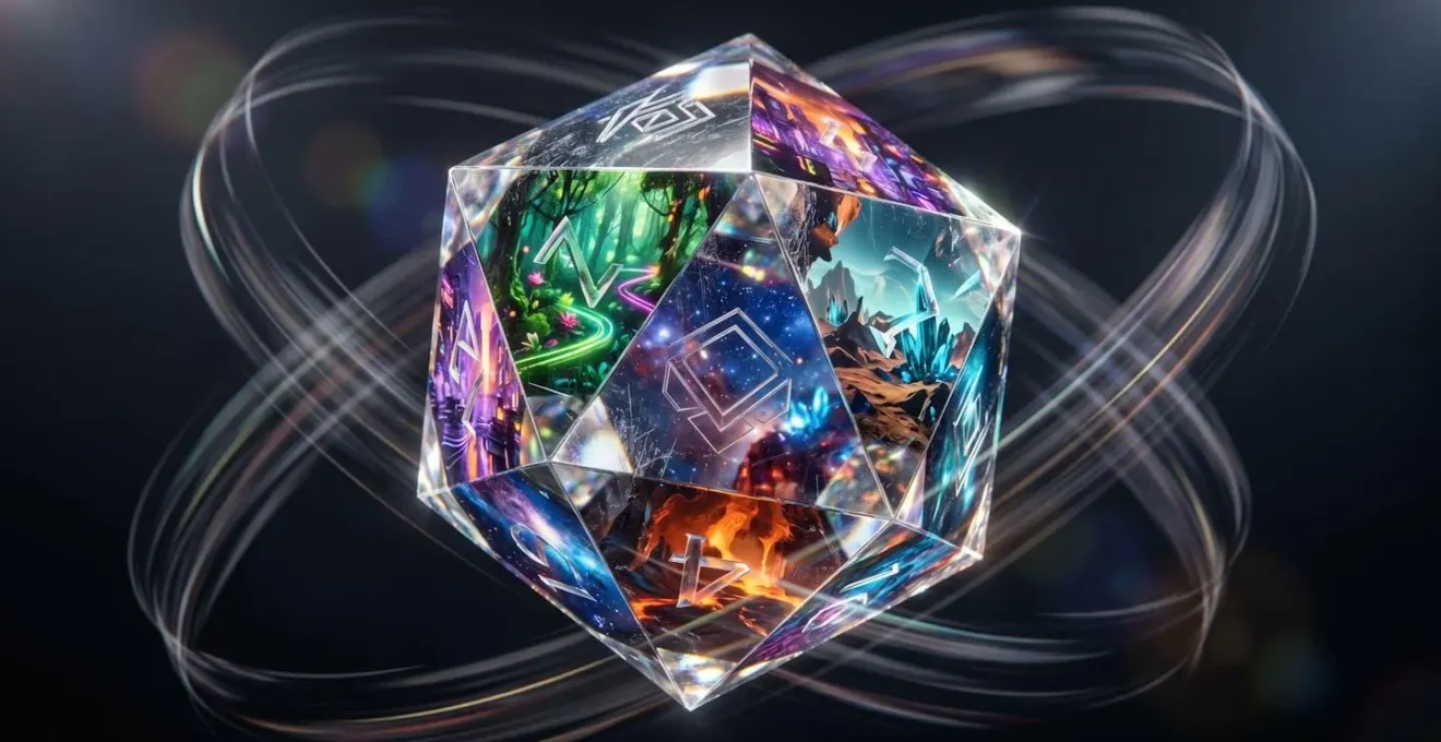 Vue macro détaillée d'un dé à multiples facettes reflétant différents environnements de jeu générés aléatoirement