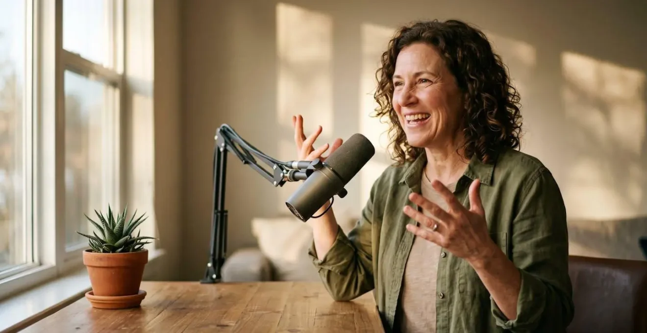 Vue large d'un studio de streaming minimaliste baigné de lumière dorée avec une personne animée parlant face à la caméra