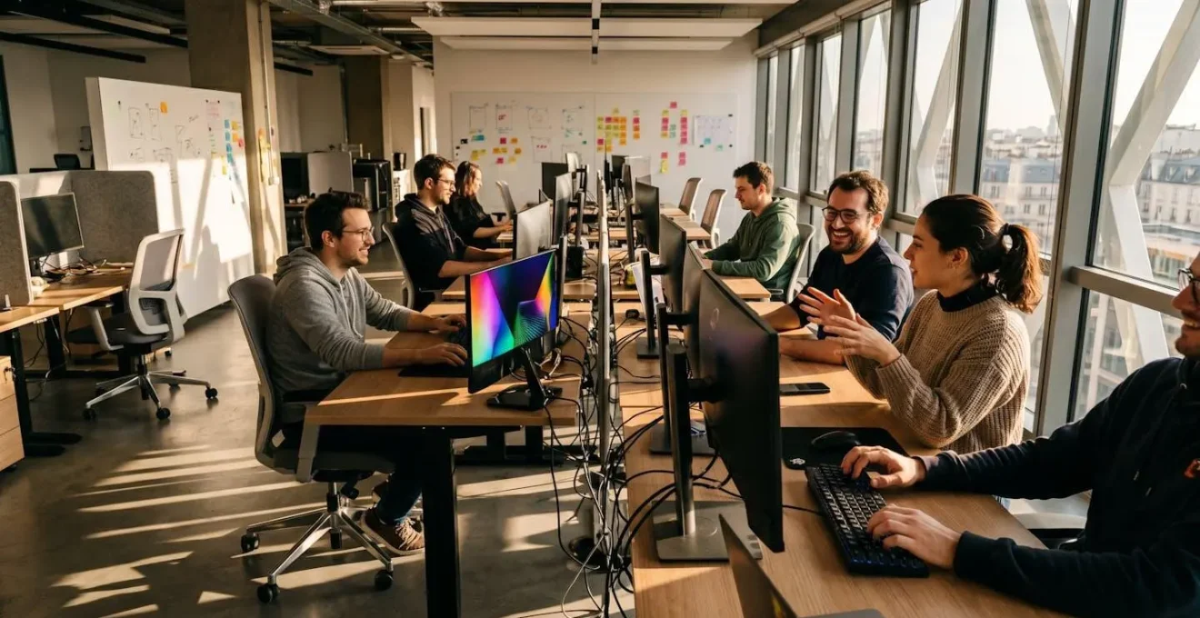 Vue grand angle d'un open space de développement de jeux vidéo avec postes de travail et développeurs
