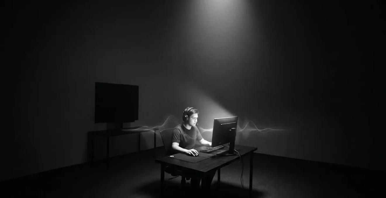 Joueur concentré en situation de clutch avec représentation visuelle du silence nécessaire