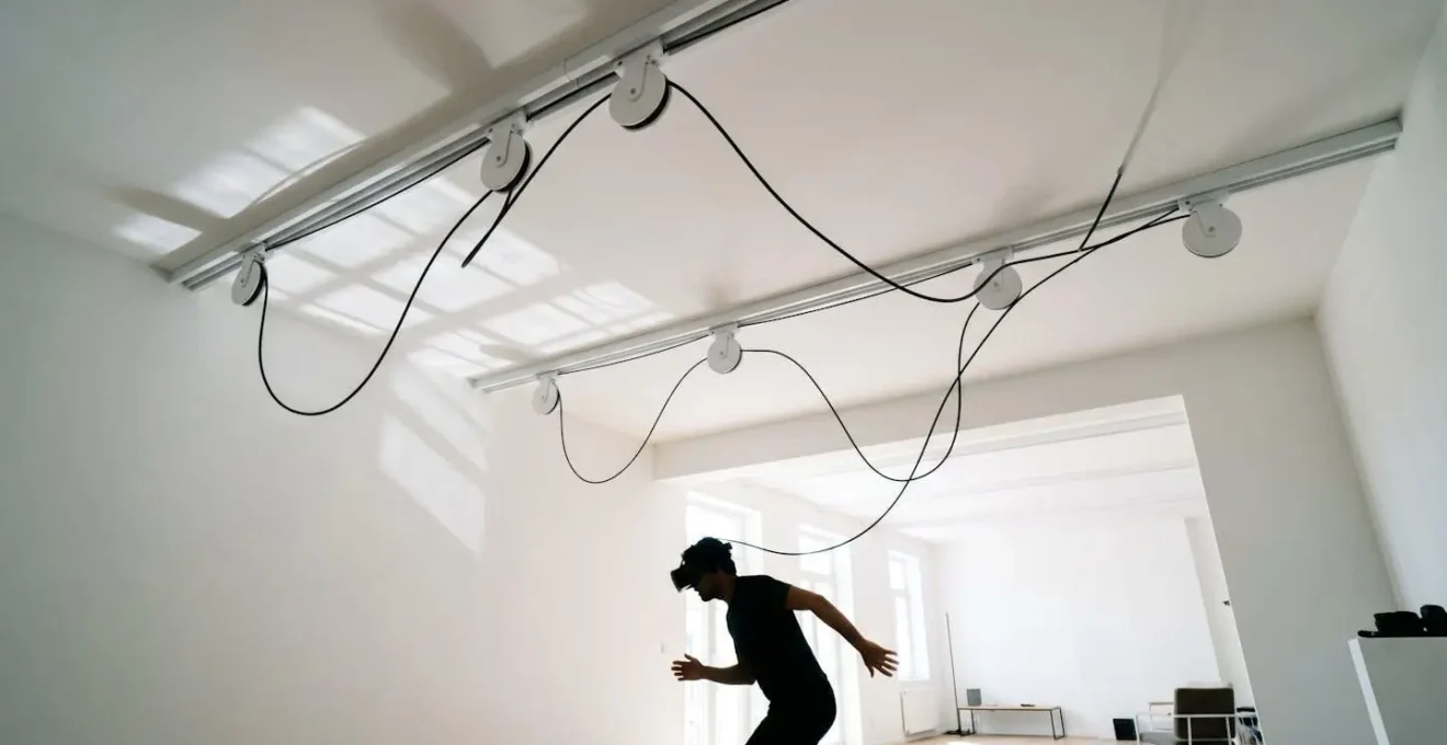 Vue en contre-plongée d'un système de poulies au plafond avec câble VR suspendu dans un espace de jeu