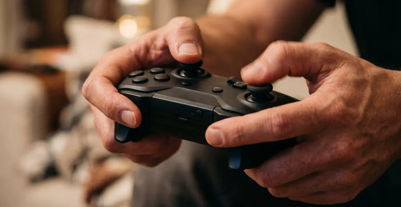 Gros plan sur des mains tenant une manette de jeu avec effet de mouvement flou suggérant la rapidité