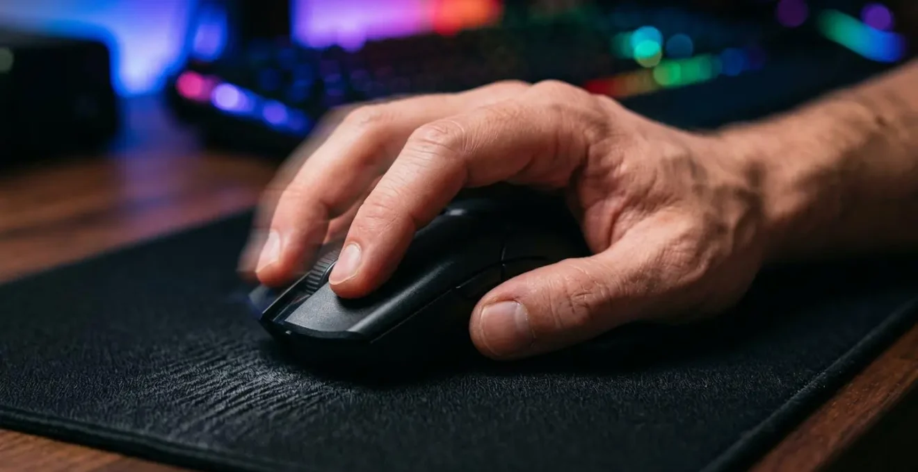 Gros plan macro sur une main de gamer effectuant un mouvement rapide avec une souris gaming