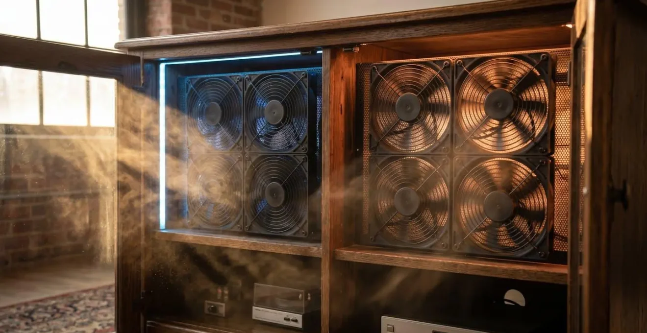Schéma de ventilation avec pression positive dans un meuble TV